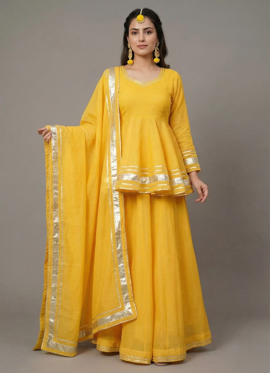 Yellow Flared Short Shirt Lehenga Dress, Stylish 3-Piece Ethnic Set With Embellished Dupatta With Decorative Silver Border