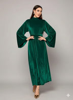 Elegant Full-Length Velvet Maxi Dress For Women, Long Sleeve Gown With Belt, Zipper Back And Tie Detail  Formal Evening Dress