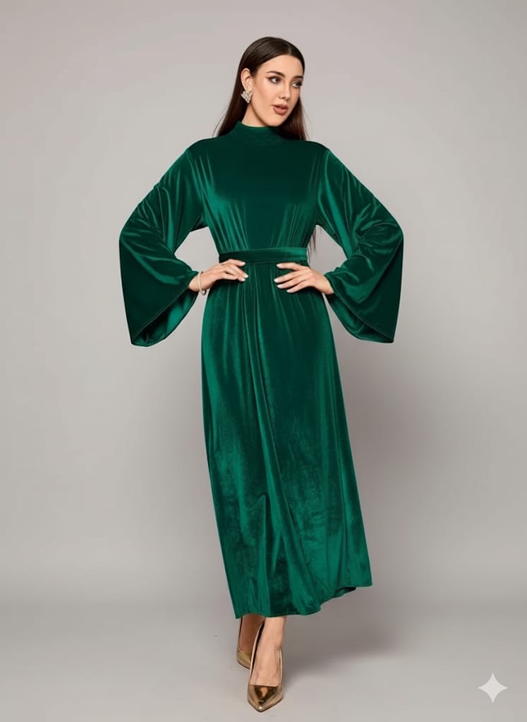 Elegant Full-Length Velvet Maxi Dress For Women, Long Sleeve Gown With Belt, Zipper Back And Tie Detail  Formal Evening Dress