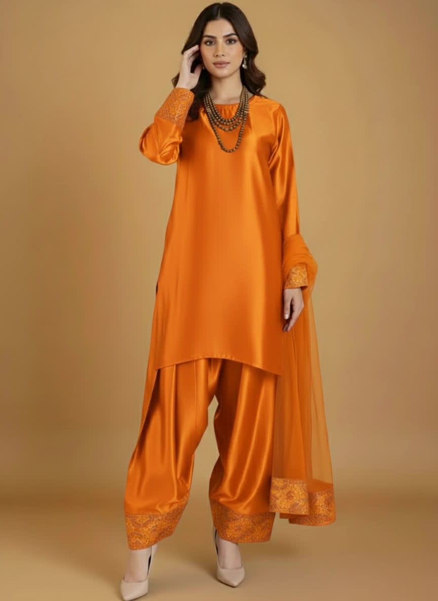 Elegant Three Piece Farshi Shalwar Suit For Women –  Latest Design Eastern Formal Wear