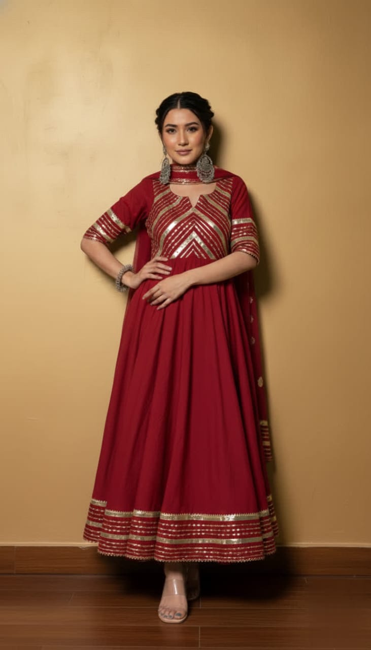 Premium Black Gota Patti Anarkali Pant Set For Women – Silk Long Anarkali With Different Shade Chiffon Dupatta & Embellished Pants.