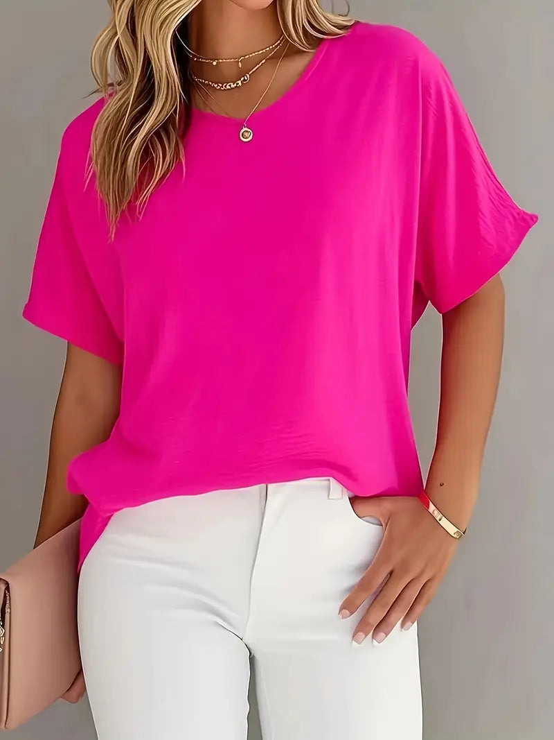 Elegant V-Neck Short Sleeve Blouse, Neckline Shirt With Glossy Finish, Breathable Top For Office And Casual Outings