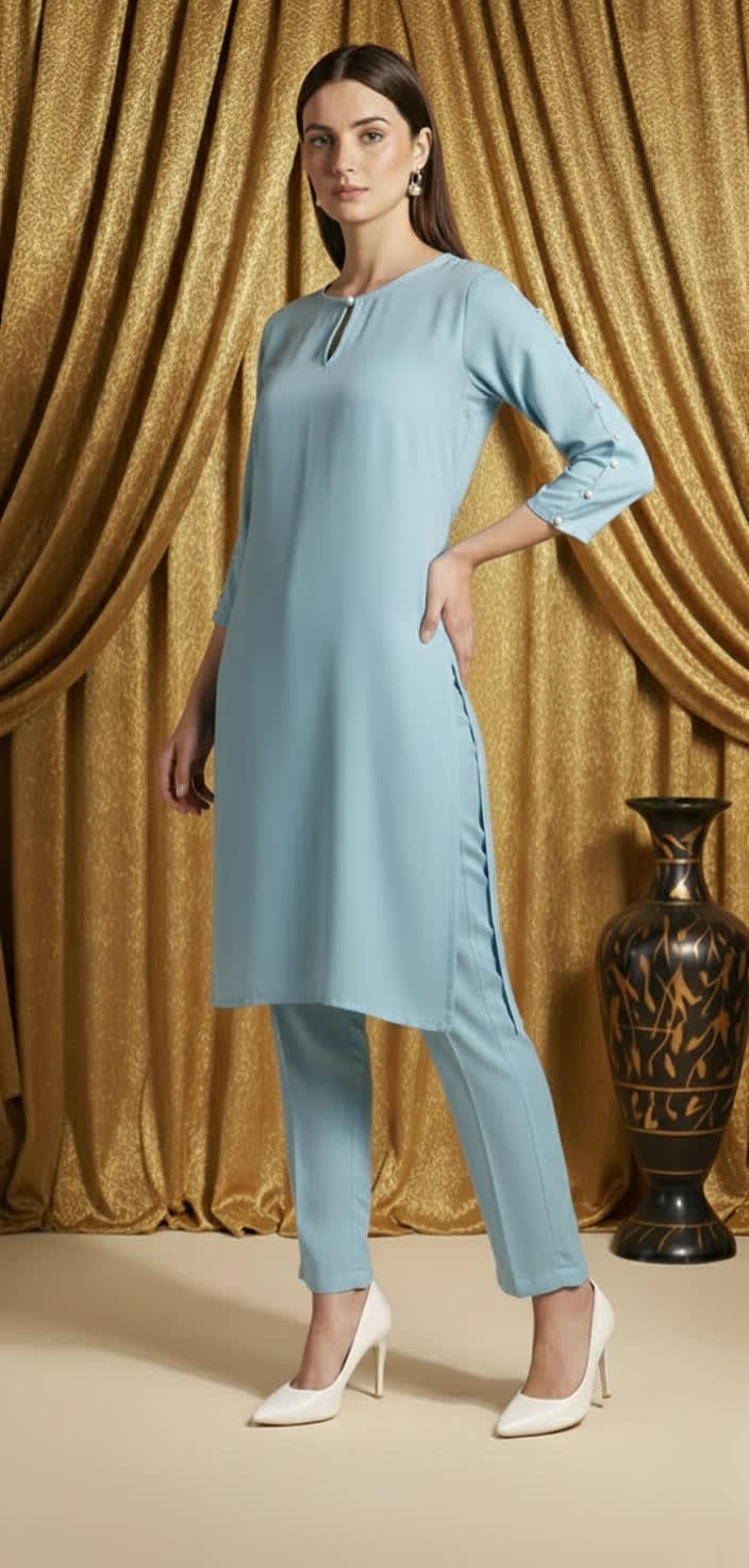 Sophisticated Pearl Detail Co-ord Set For Women, Elegant Shirt Pearl Work Top With Tailored Straight Pants.