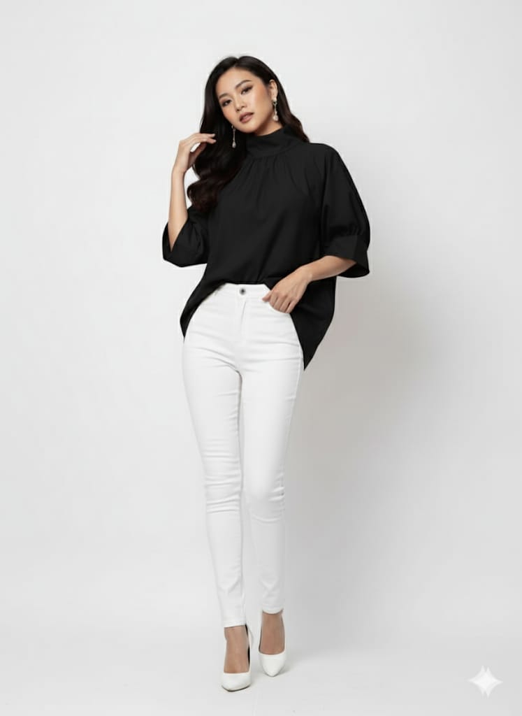 NISWA STYLE Casual Turtleneck Tunic Top – Half Sleeve  Non-Stretch Woven Fabric, High Neck Loose Fit Shirt For Women