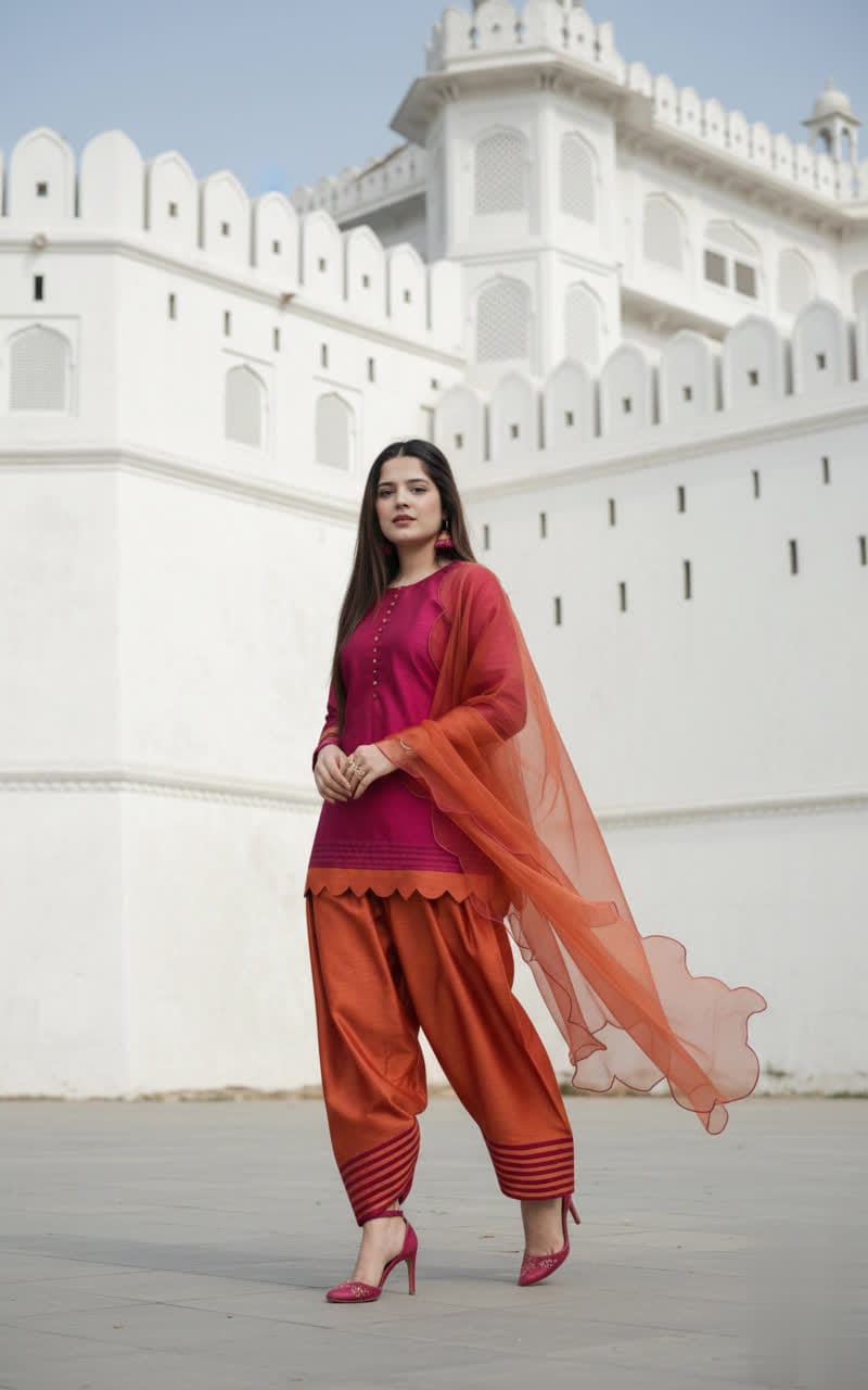 Premium Three Piece Cotton Silk Suit With Organza Dupatta - Stitched Shirt & Trouser Set