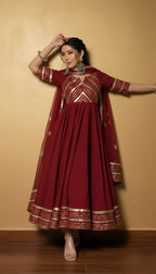 Premium Black Gota Patti Anarkali Pant Set For Women – Silk Long Anarkali With Different Shade Chiffon Dupatta & Embellished Pants.