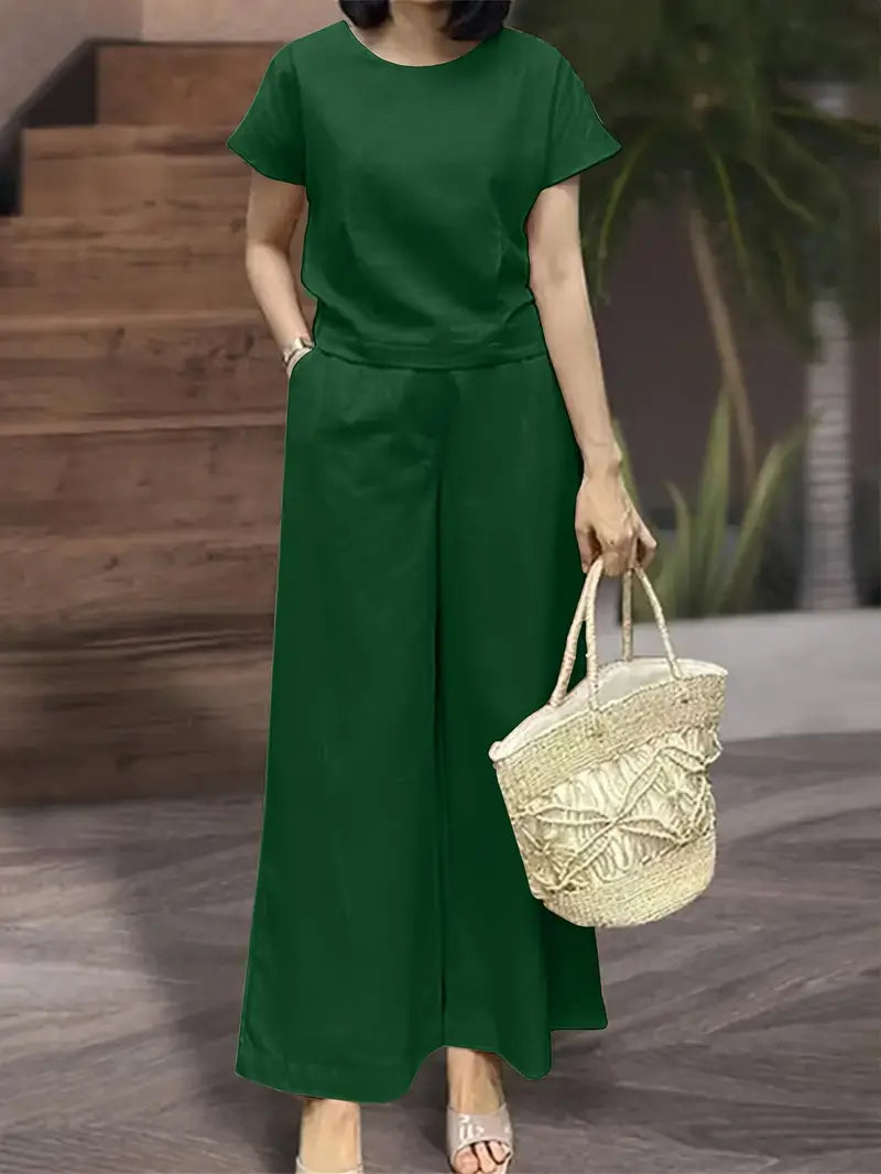 Elegant 2-Piece Set, Short Sleeve Top & Wide Leg Pants With Pockets, Regular Fit, Effortless Casual & Dressy Wear