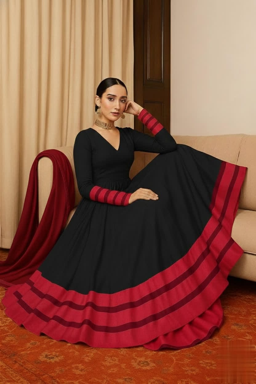 Peach & Red Anarkali Set For Women – Full Flare Long Gown With Contrast Border & Matching Dupatta - Elegant Traditional Outfit With Different Shades.