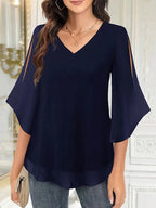 Elegant V-Neck Shirting Blouse, 3/4 Sleeve Top With Double Layer Mesh, Hollow Details, Casual & Formal Blouse