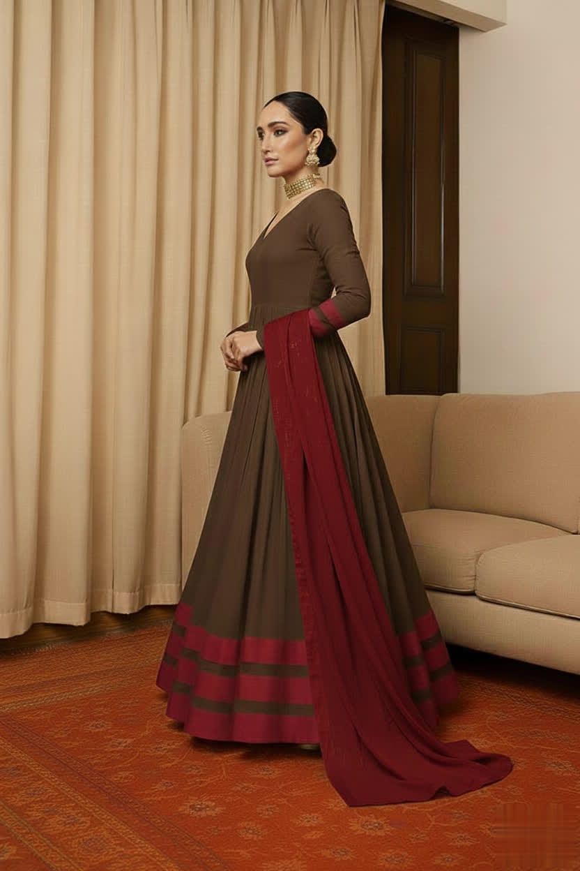 Peach & Red Anarkali Set For Women – Full Flare Long Gown With Contrast Border & Matching Dupatta - Elegant Traditional Outfit With Different Shades.