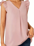 Stylish Sleeveless Blouse, Women’s V-Neck Ruffle Detail Top, Breathable Summer Casual Attire