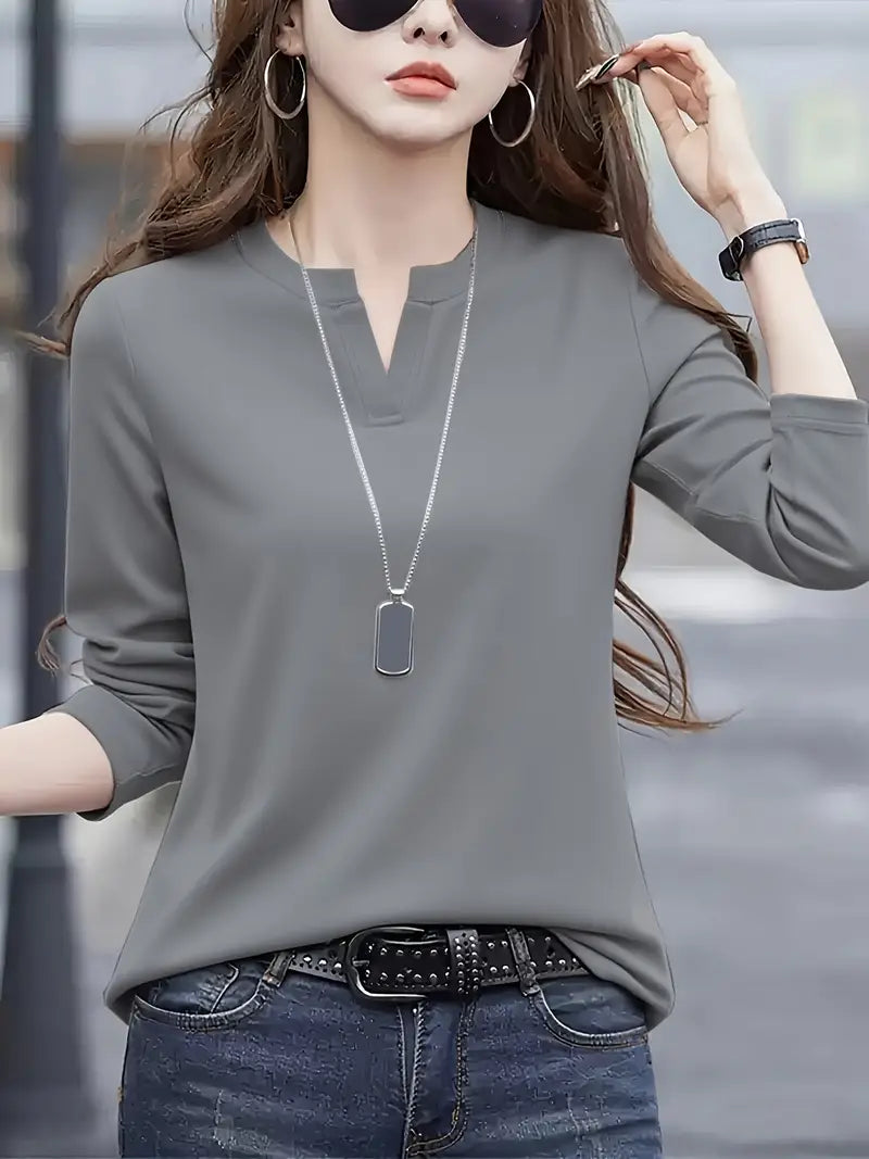 NISWA STYLE Elegant Women’s Blouse, Solid Color Long Sleeve V-Neck Shirt, Flowy Button-Up Formal Outfits