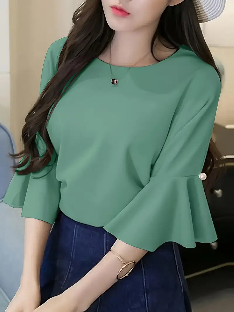 Elegant Ruffle Sleeve Lace Blouse, Crew Neck Top With Pearl Accents, Non-Stretch Stylish All-Season Fashion Shirt