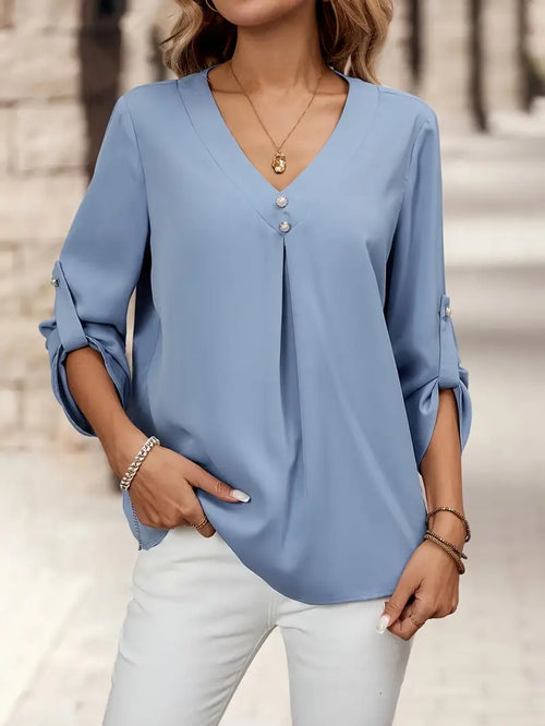 Button-Up Women’s Shirt, V-Neck Long Sleeve Blouse With Sophisticated Design, Casual And Office Fashion Top