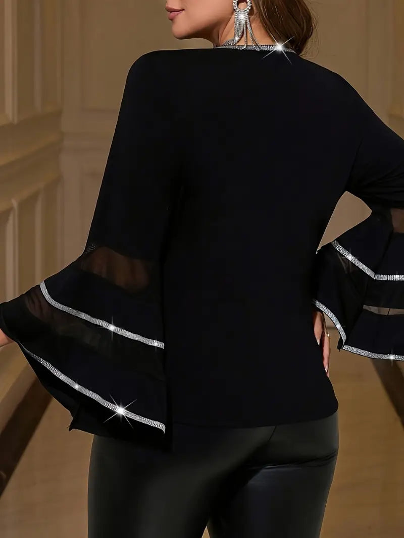 Women's Elegant Bell Sleeve Blouse – Elastic Waistband & Ruffle Detail, Round Neck Stretchy Top In Black & White Contrast – Nontransparent Fabric