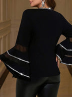 Women's Elegant Bell Sleeve Blouse – Elastic Waistband & Ruffle Detail, Round Neck Stretchy Top In Black & White Contrast – Nontransparent Fabric