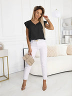 Casual V-Neck Blouse With Ruffle Sleeves – Lightweight Top, Button-Up Front Shirt, Everyday Casual Wear