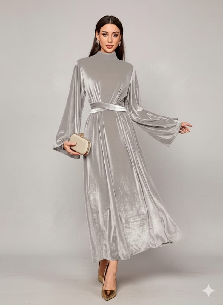 Elegant Full-Length Velvet Maxi Dress For Women, Long Sleeve Gown With Belt, Zipper Back And Tie Detail  Formal Evening Dress