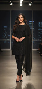 Modern Net Embroidered Short Shirt Suit - Sequins Round Neck Top With Plain Trouser & Dupatta.