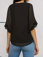 Elegant Black Ruffled Sleeve Blouse – Round Neck Short Sleeve Top, Stylish Ruffle Design, Smooth Texture & Timeless Elegance