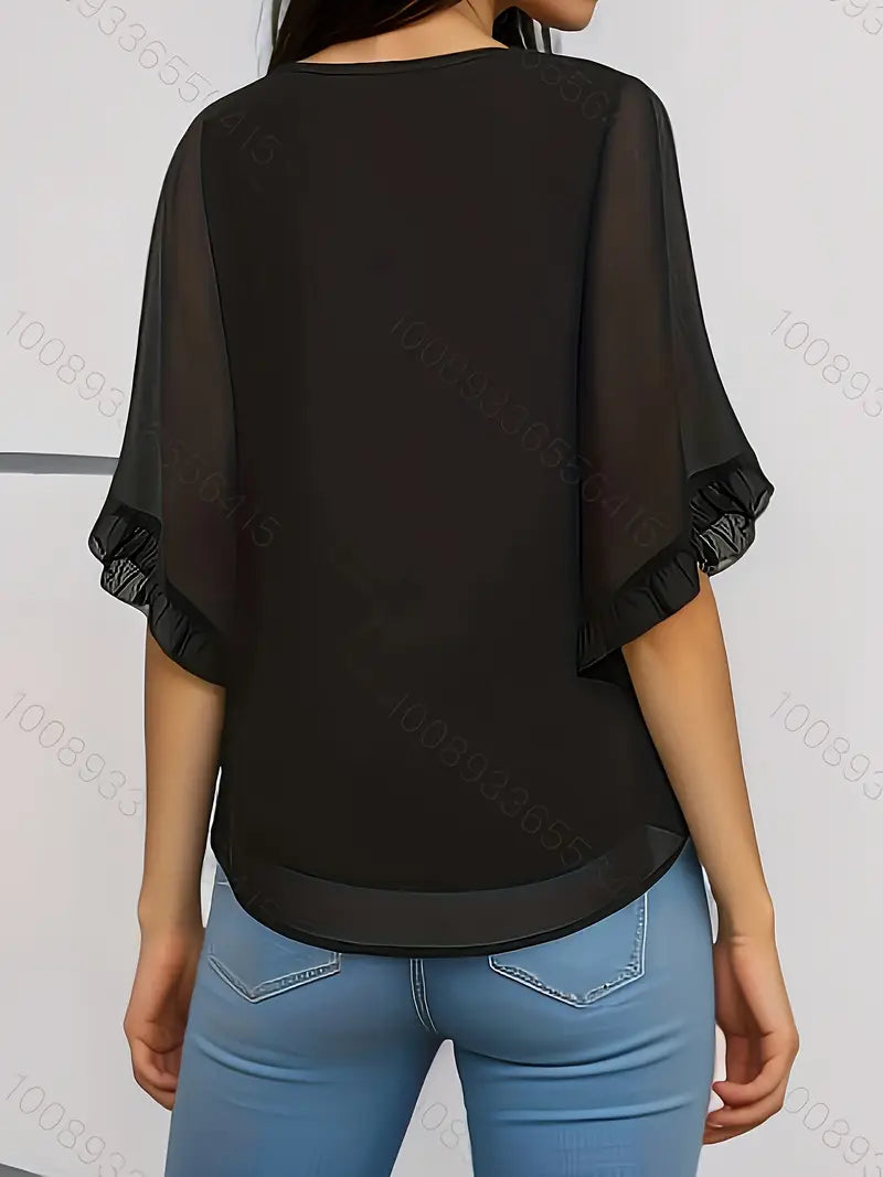 Elegant Black Ruffled Sleeve Blouse – Round Neck Short Sleeve Top, Stylish Ruffle Design, Smooth Texture & Timeless Elegance