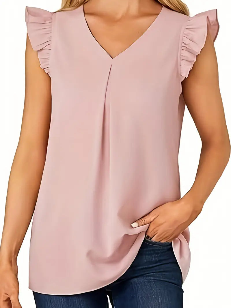 Stylish Sleeveless Blouse, Women’s V-Neck Ruffle Detail Top, Breathable Summer Casual Attire