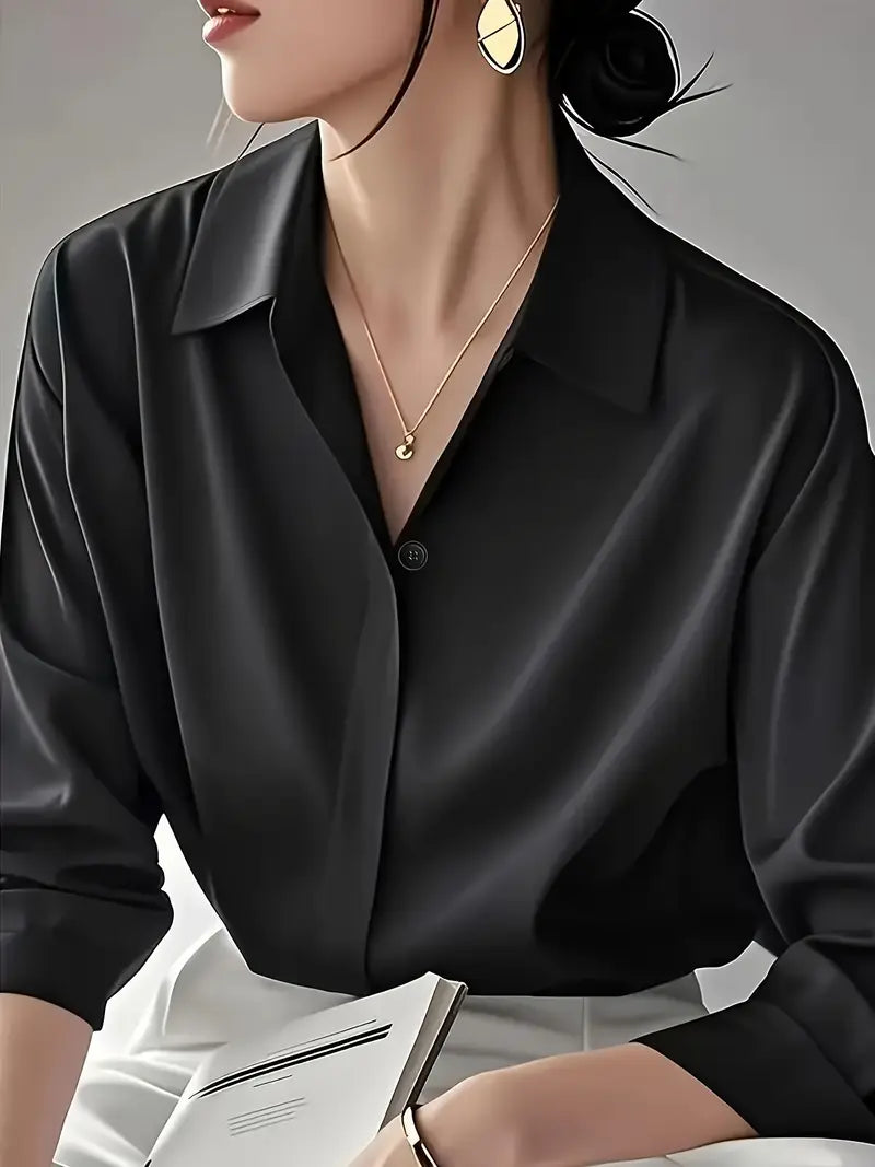 Elegant Long Sleeve Blouse, Classic Solid Color Button-Up Shirt With Lapel Collar, Office And Casual Wear