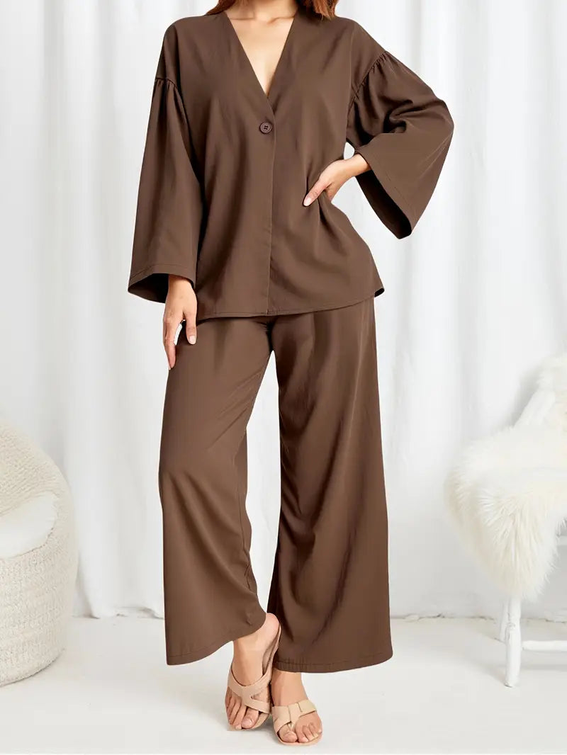 Women’s Elegant Two-Piece Set – Loose-Fit Long Sleeve Button-Up Top & High-Waist Wide-Leg Pants | Flowy Outfit For Casual To Semi-Formal Wear