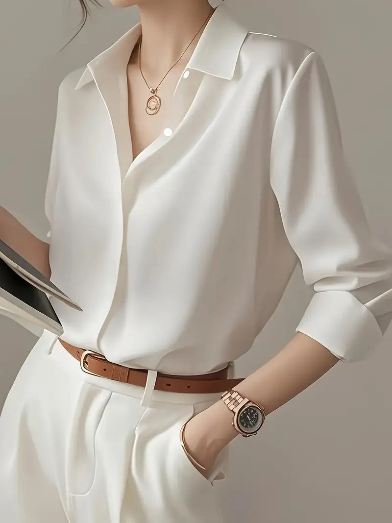 Elegant Long Sleeve Blouse, Classic Solid Color Button-Up Shirt With Lapel Collar, Office And Casual Wear