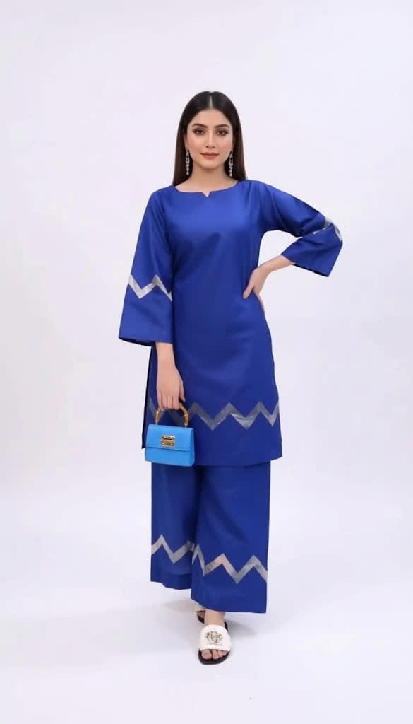 Elegant Royal Blue Silk Kurti & Wide-Leg Trouser Set – Women’s 2-Piece Outfit With Silver Zigzag Detailing