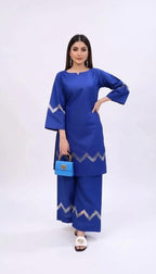 Elegant Royal Blue Silk Kurti & Wide-Leg Trouser Set – Women’s 2-Piece Outfit With Silver Zigzag Detailing
