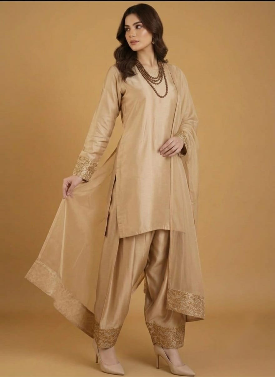 Elegant Three Piece Farshi Shalwar Suit For Women –  Latest Design Eastern Formal Wear