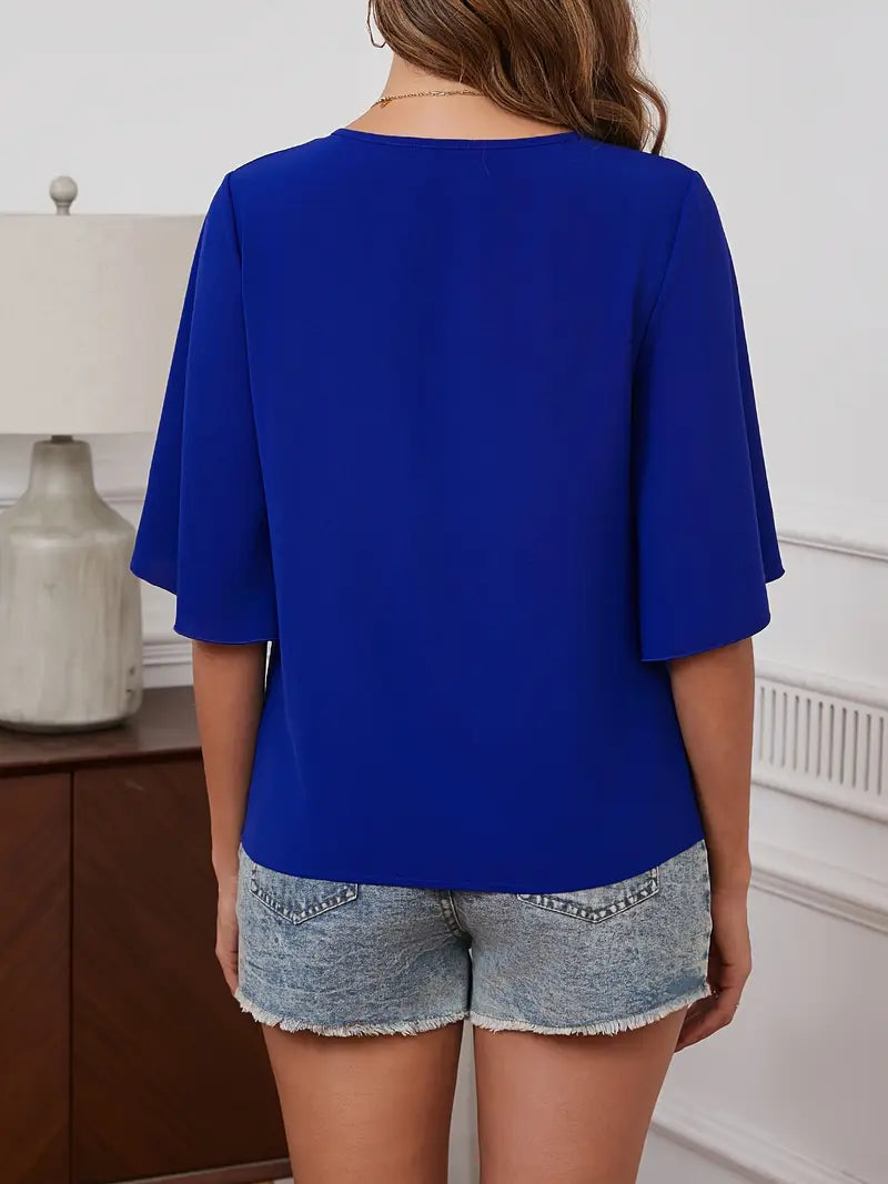 Elegant Blouse –  V-Neck Top With Bell Sleeves And Decorative Buttons For Casual Or Dressy Outfits