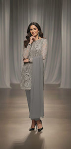 Modern Net Embroidered Short Shirt Suit - Sequins Round Neck Top With Plain Trouser & Dupatta.
