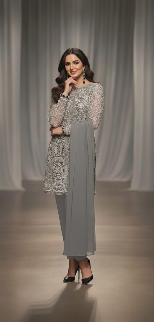 Modern Net Embroidered Short Shirt Suit - Sequins Round Neck Top With Plain Trouser & Dupatta.