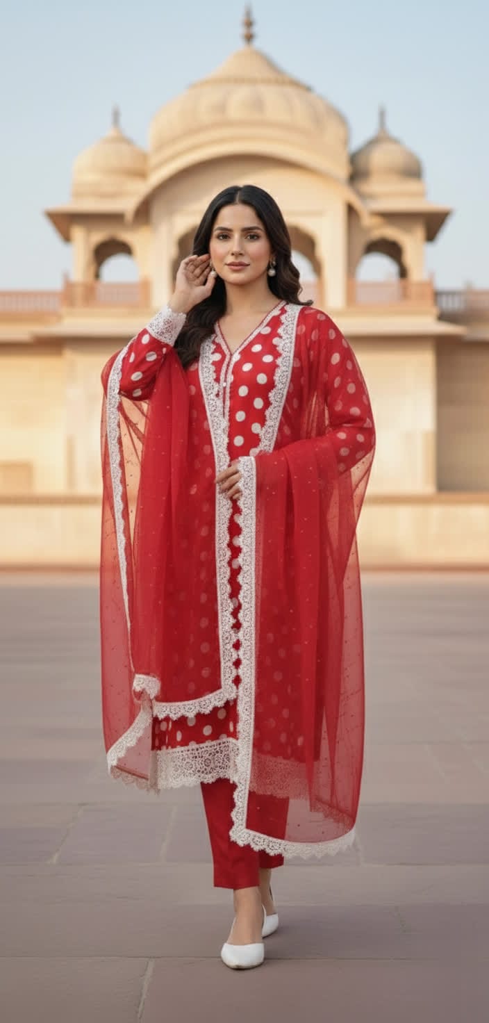 Elegant Red & White Polka Dot Salwar Kameez Set With Lace Dupatta.
