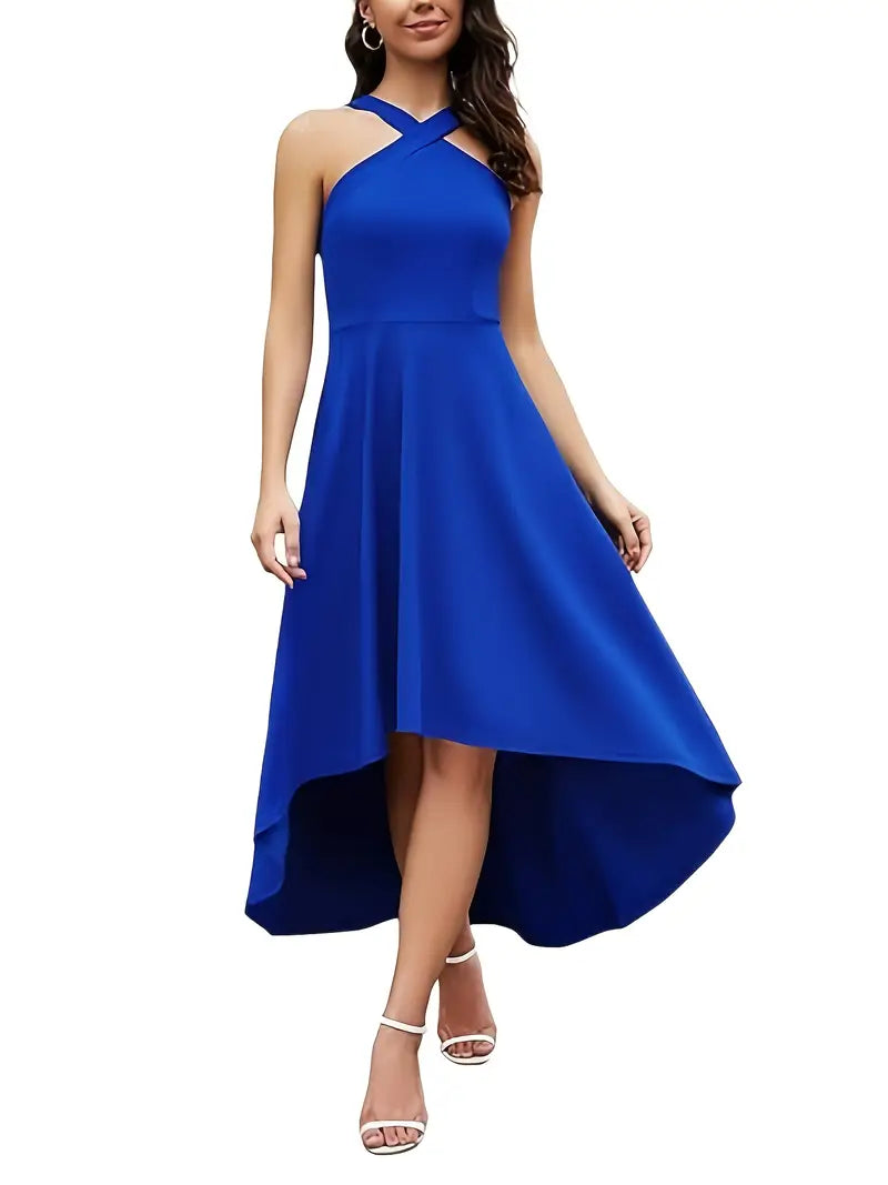 Elegant Royal Blue V-Neck Party Dress – Women’s Asymmetrical Hem Cocktail Dress, Fitted  Premium Quality Cocktail Gown For Special Occasions