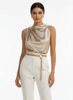 Women’s Elegant Sleeveless Blouse – Beige & Neutral Shades | Non-See-Through Top -  Formal Blouse For Stylish Women