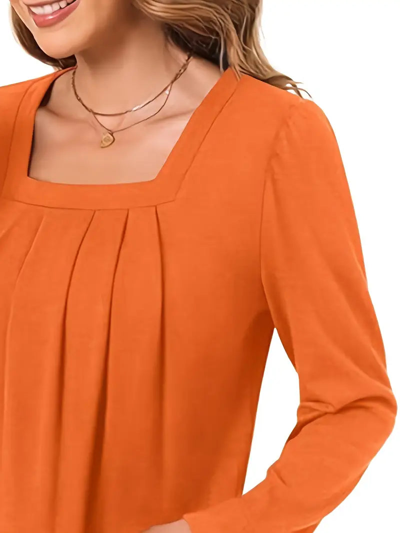 Elegant Long Sleeve Blouse For Women – Non-See-Through Button-Front Shirt, Square Neckline, Stylish Top
