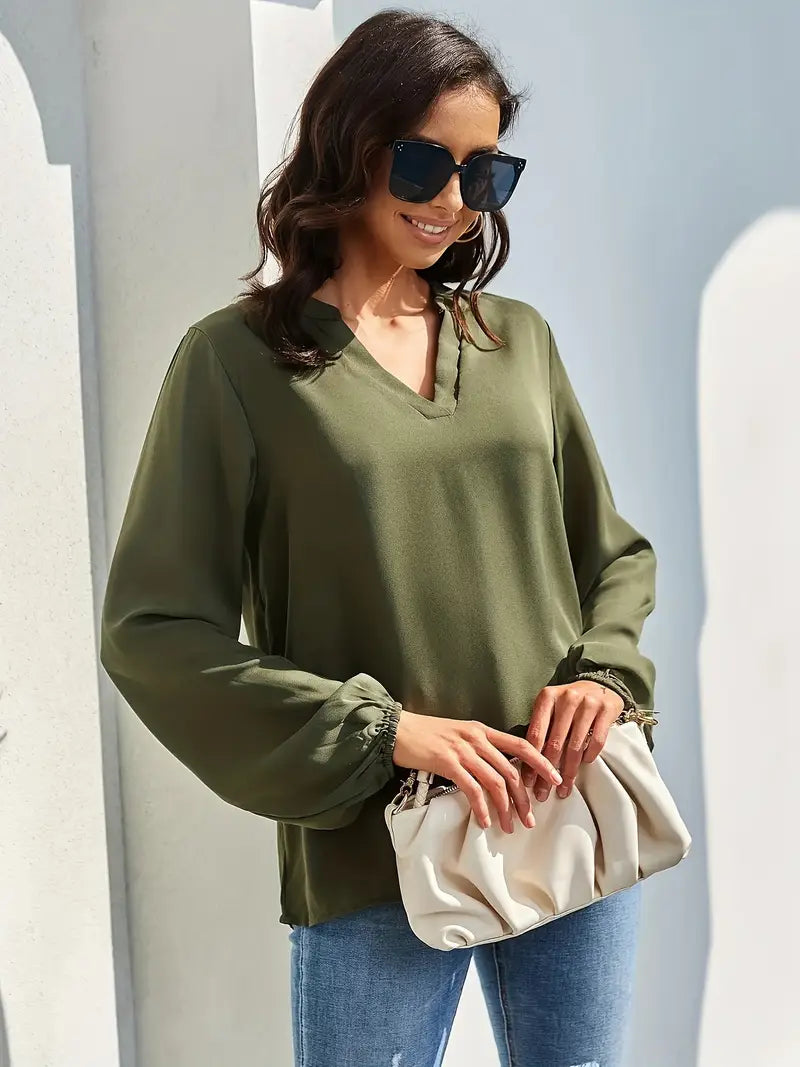 Casual V-Neck Lantern Sleeve Solid Shirt – Elegant Loose Fit Blouse For Styling Work And Daily Wear