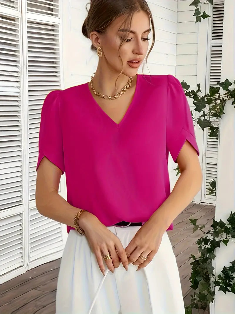 Elegant V-Neck Blouse, Non-See-Through Smooth Fabric, Casual And Office Shirt, Wardrobe Essential
