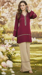 Sophisticated Crimson Lace Short Kurti With Off-White Bell Bottom Pants – Elegant Contrast Co-Ord Set