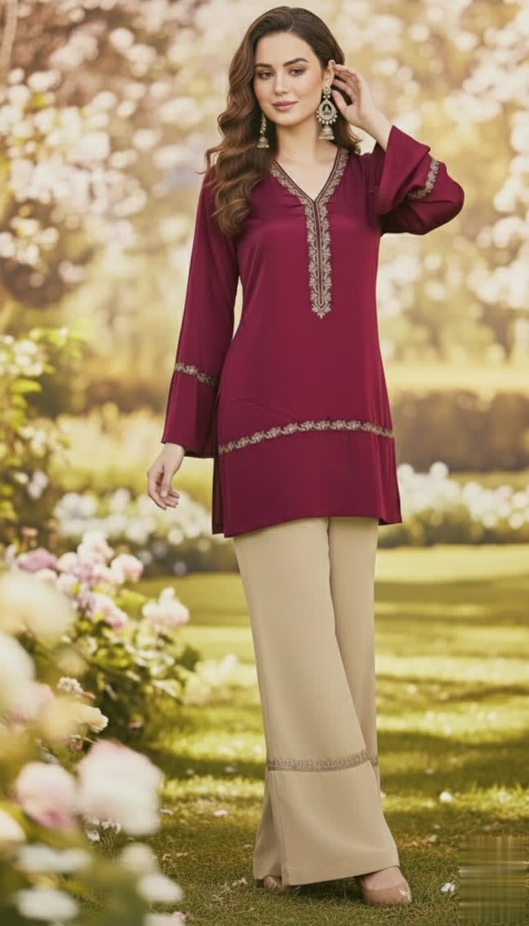 Sophisticated Crimson Lace Short Kurti With Off-White Bell Bottom Pants – Elegant Contrast Co-Ord Set