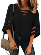 Elegant V-Neck T-Shirt – 3/4 Sleeve  Blouse With Breathable Mesh Panel Top For Casual & Everyday Wear
