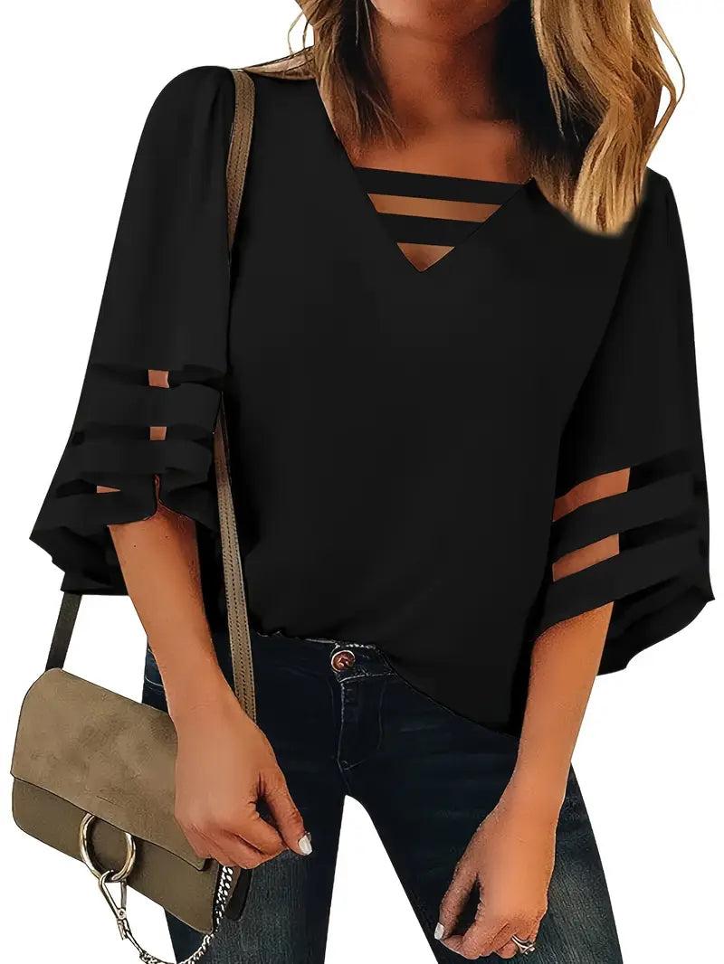 Elegant V-Neck T-Shirt – 3/4 Sleeve  Blouse With Breathable Mesh Panel Top For Casual & Everyday Wear