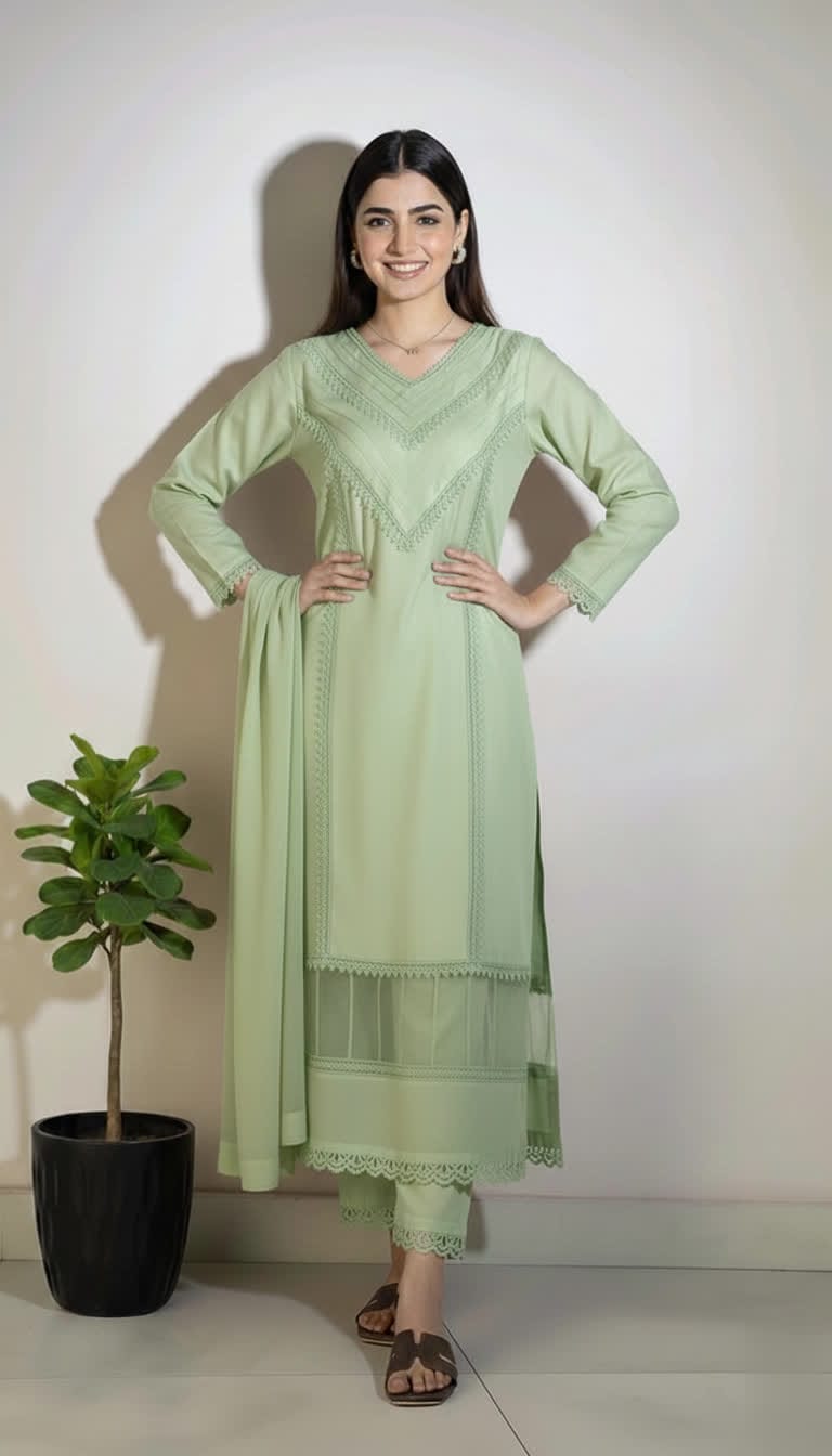 Cotton Lace Kurta Set For Women – 3 Piece Ethnic Suit With Chiffon Dupatta. |