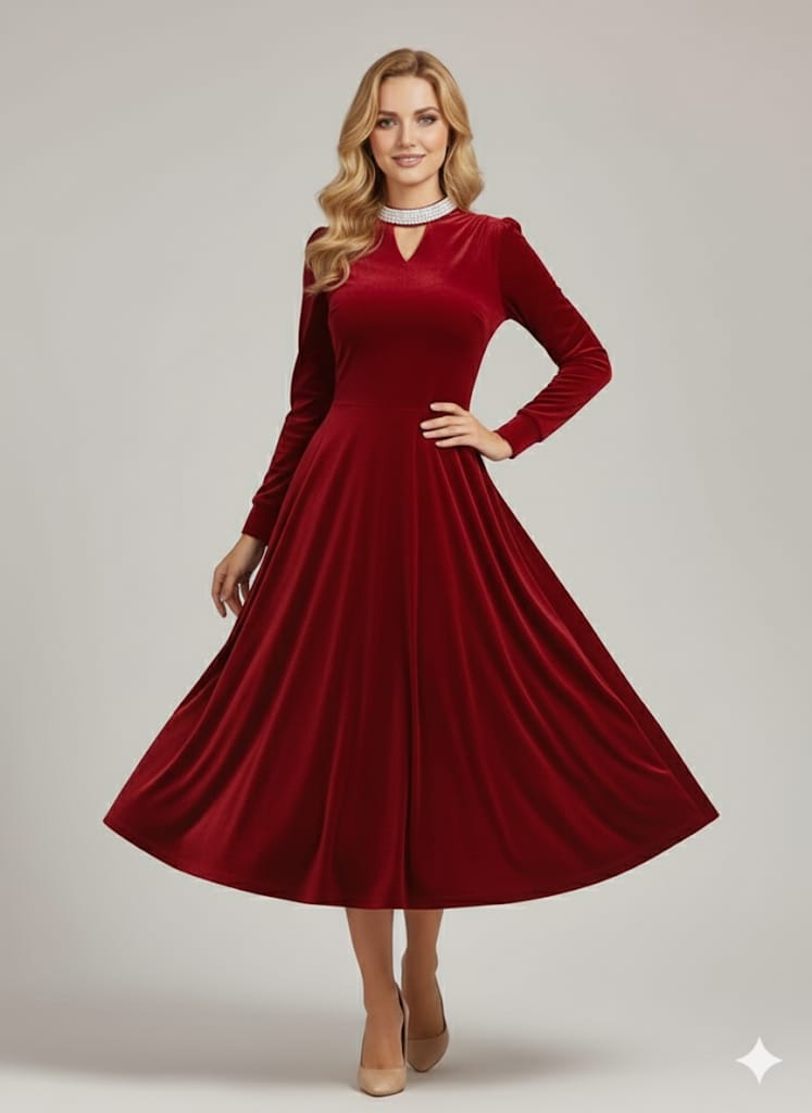 Women’s Formal Velvet Gown – Burgundy Long Sleeve A-Line Dress With Beaded Waist, Perfect for Gala, Prom & Luxury Events