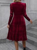 Elegant Crimson Formal & Party Dress – V-Neck A-Line Gown For Women With Ruffled Sleeves, Flared Hem & Sophisticated Texture