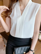 Elegant White V-Neck Chiffon Blouse For Women – Sleeveless, Lightweight Summer Top, Casual And Office Wear Shirt