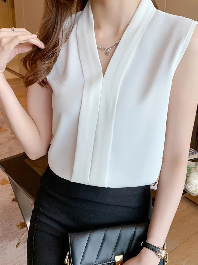 Elegant White V-Neck Chiffon Blouse For Women – Sleeveless, Lightweight Summer Top, Casual And Office Wear Shirt